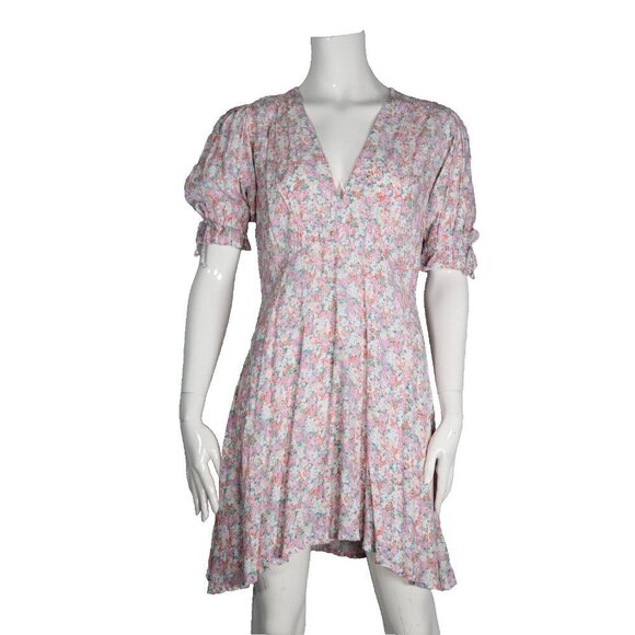 Faithfull the Brand Women's US6 Medium Pink Floral Dress S/S V-Neck Crepe Mini - Picture 1 of 7